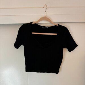 Zara Black Ribbed Short Sleeve Crop Top *Excellent Condition*